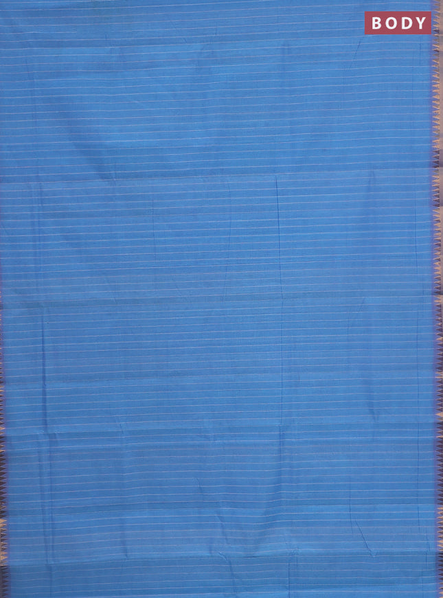 Mangalgiri cotton saree teal blue and lavender with allover stripe pattern and temple zari woven border