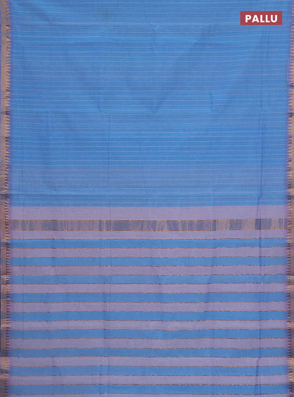 Mangalgiri cotton saree teal blue and lavender with allover stripe pattern and temple zari woven border