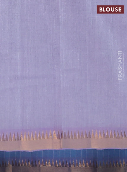 Mangalgiri cotton saree teal blue and lavender with allover stripe pattern and temple zari woven border