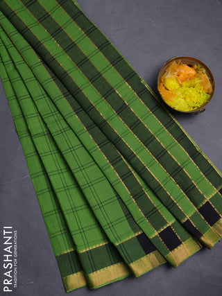 Mangalgiri cotton saree green and black with allover checked pattern and rettapet zari woven border
