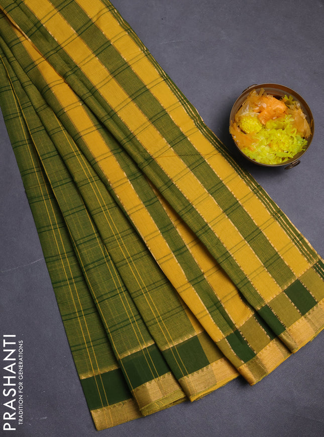 Mangalgiri cotton saree dual shade of green and yellow with allover checked pattern and rettapet zari woven border