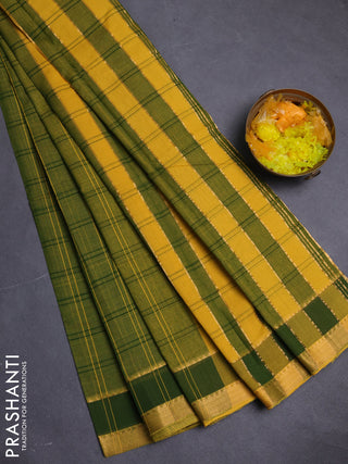 Mangalgiri cotton saree dual shade of green and yellow with allover checked pattern and rettapet zari woven border