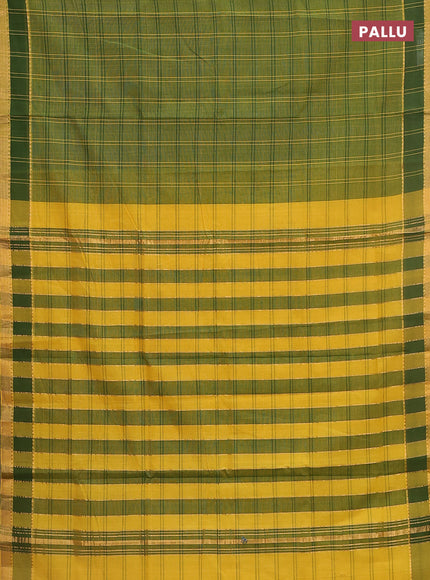 Mangalgiri cotton saree dual shade of green and yellow with allover checked pattern and rettapet zari woven border