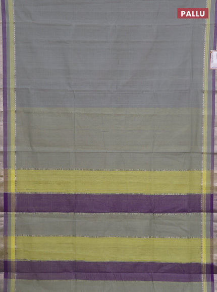 Mangalgiri cotton saree grey and multi colour with plain body and silver zari woven border
