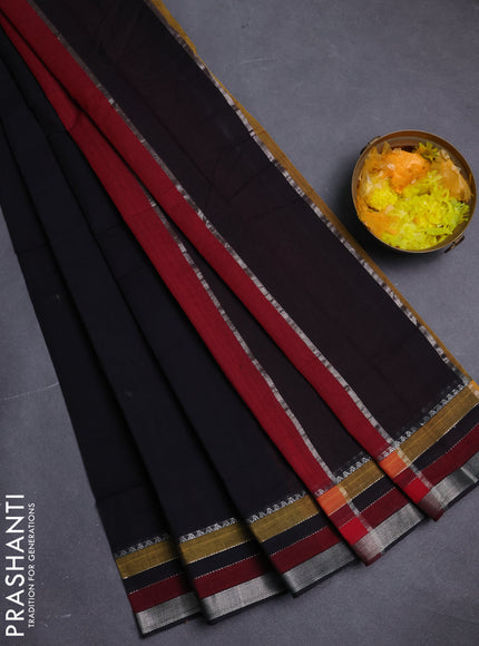 Mangalgiri cotton saree black and maroon with plain body and silver zari woven border