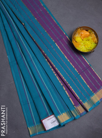 Mangalgiri cotton saree teal blue with allover stripe pattern and zari woven border