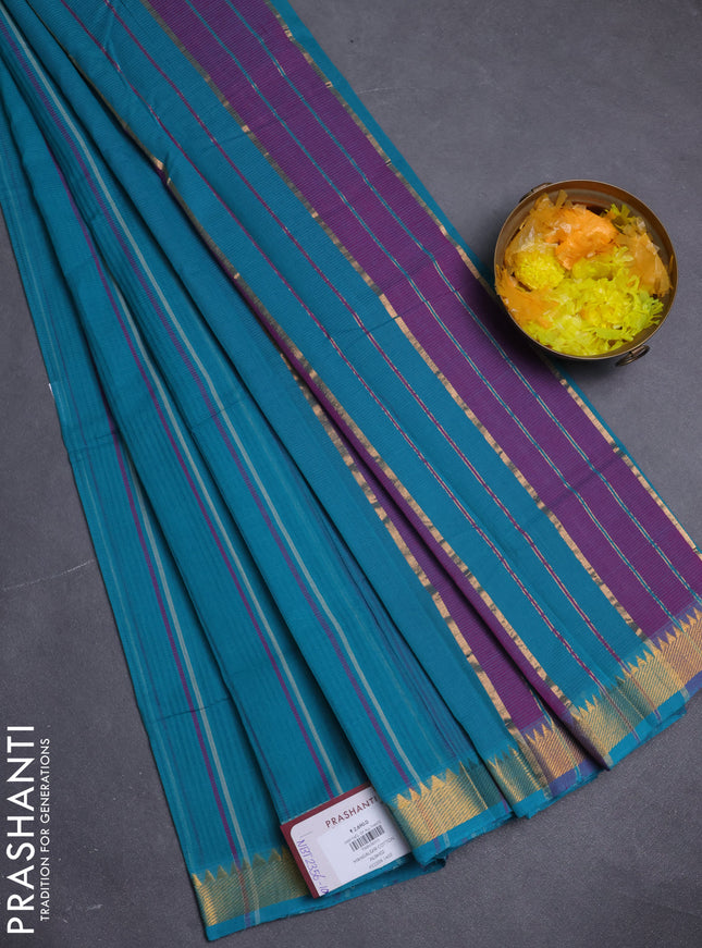 Mangalgiri cotton saree teal blue with allover stripe pattern and zari woven border
