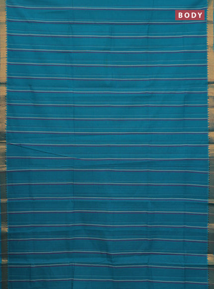 Mangalgiri cotton saree teal blue with allover stripe pattern and zari woven border