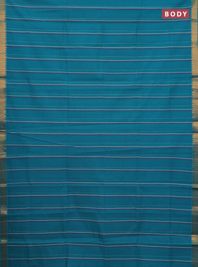 Mangalgiri cotton saree teal blue with allover stripe pattern and zari woven border