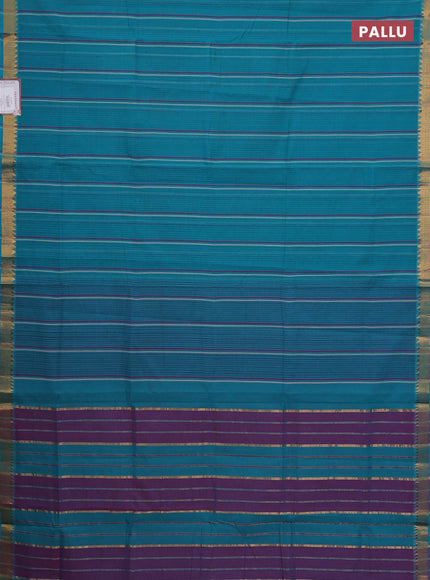 Mangalgiri cotton saree teal blue with allover stripe pattern and zari woven border