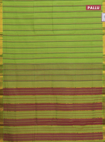 Mangalgiri cotton saree fluorescent green and pink with allover stripe pattern and zari woven border