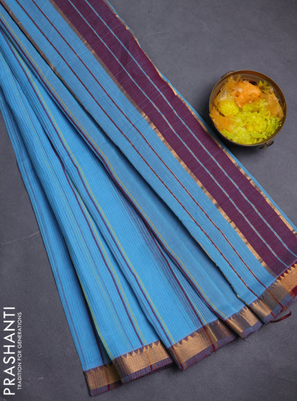Mangalgiri cotton saree light blue and maroon with allover stripe pattern and zari woven border