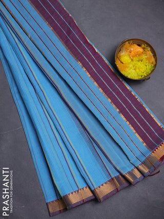 Mangalgiri cotton saree light blue and maroon with allover stripe pattern and zari woven border