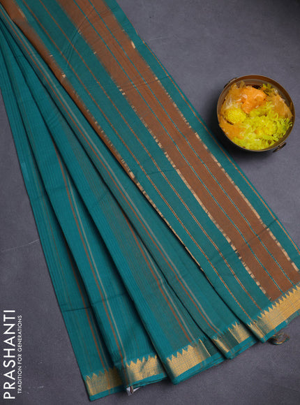 Mangalgiri cotton saree teal blue with allover stripe pattern and zari woven border