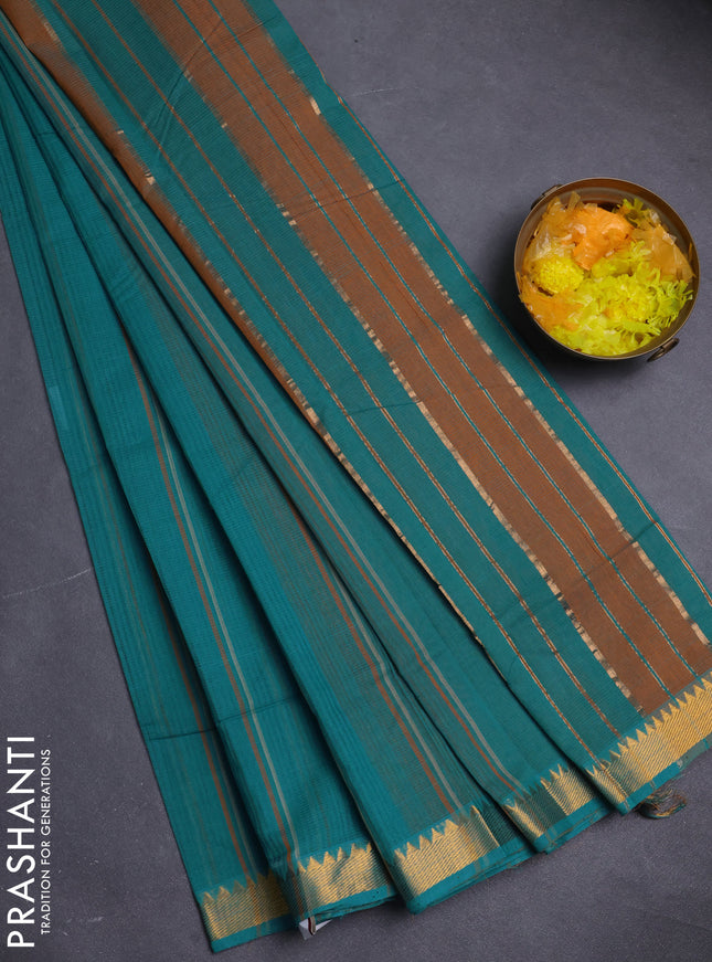 Mangalgiri cotton saree teal blue with allover stripe pattern and zari woven border
