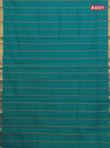 Mangalgiri cotton saree teal blue with allover stripe pattern and zari woven border
