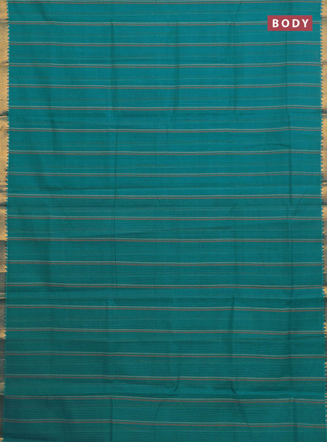 Mangalgiri cotton saree teal blue with allover stripe pattern and zari woven border
