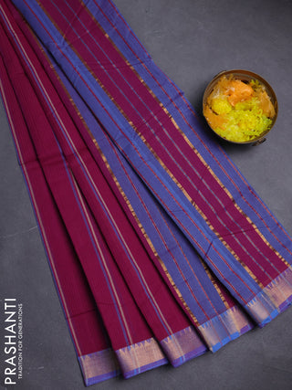 Mangalgiri cotton saree wine shade and blue shade with allover stripe pattern and zari woven border