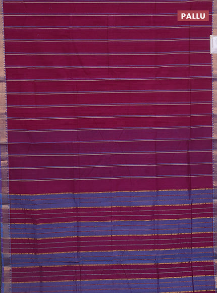 Mangalgiri cotton saree wine shade and blue shade with allover stripe pattern and zari woven border