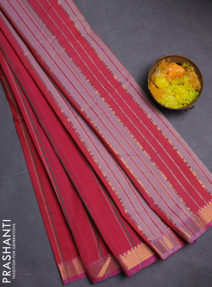 Mangalgiri cotton saree red and beige with allover stripe pattern and zari woven border