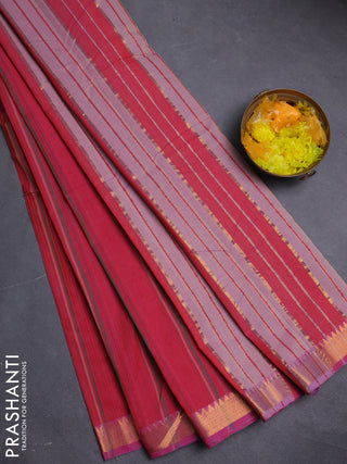 Mangalgiri cotton saree red and beige with allover stripe pattern and zari woven border