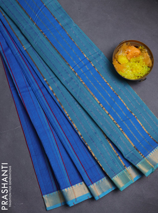 Mangalgiri cotton saree blue and teal green with allover stripe pattern and zari woven border