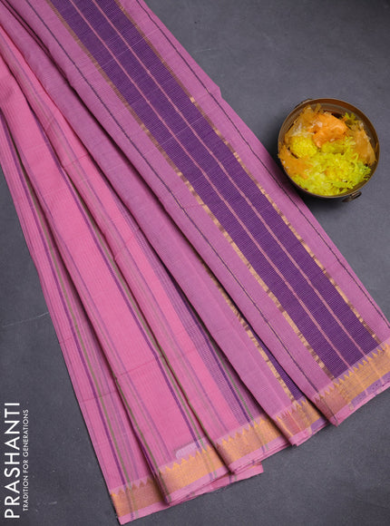 Mangalgiri cotton saree light pink and purple with allover stripe pattern and zari woven border