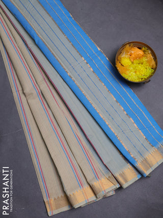 Mangalgiri cotton saree beige and cs blue with allover stripe pattern and zari woven border