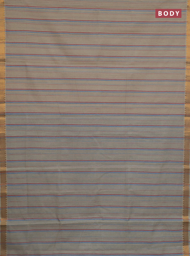 Mangalgiri cotton saree beige and cs blue with allover stripe pattern and zari woven border