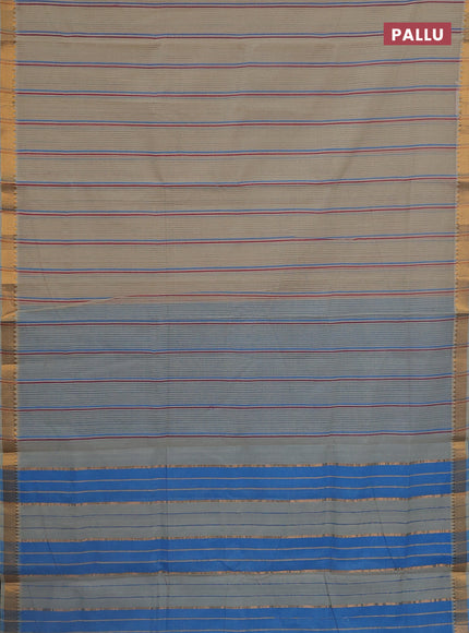 Mangalgiri cotton saree beige and cs blue with allover stripe pattern and zari woven border
