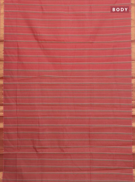 Mangalgiri cotton saree peach shade and teal green with allover stripe pattern and zari woven border
