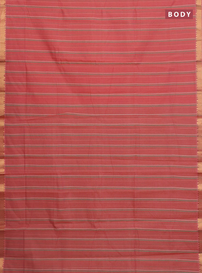 Mangalgiri cotton saree peach shade and teal green with allover stripe pattern and zari woven border