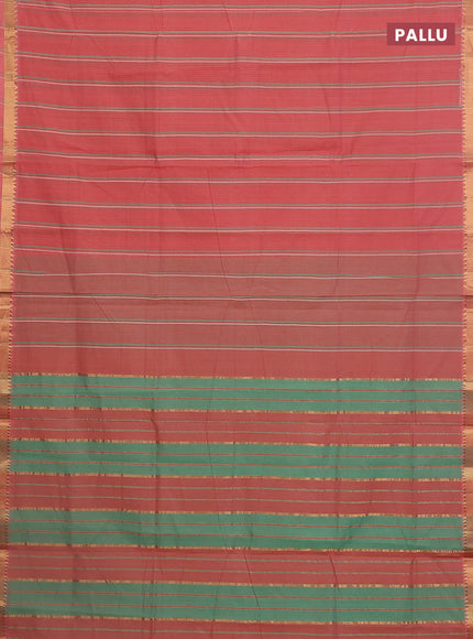 Mangalgiri cotton saree peach shade and teal green with allover stripe pattern and zari woven border