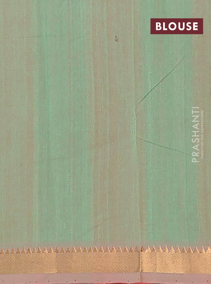 Mangalgiri cotton saree peach shade and teal green with allover stripe pattern and zari woven border