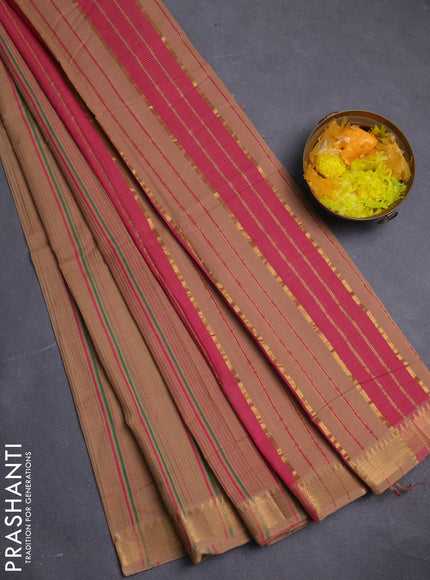 Mangalgiri cotton saree sandal and pink with allover stripe pattern and zari woven border