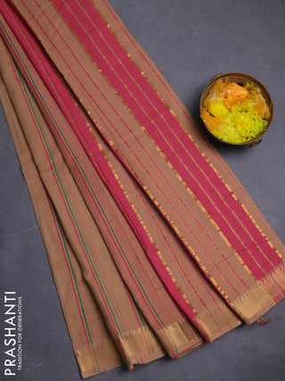 Mangalgiri cotton saree sandal and pink with allover stripe pattern and zari woven border
