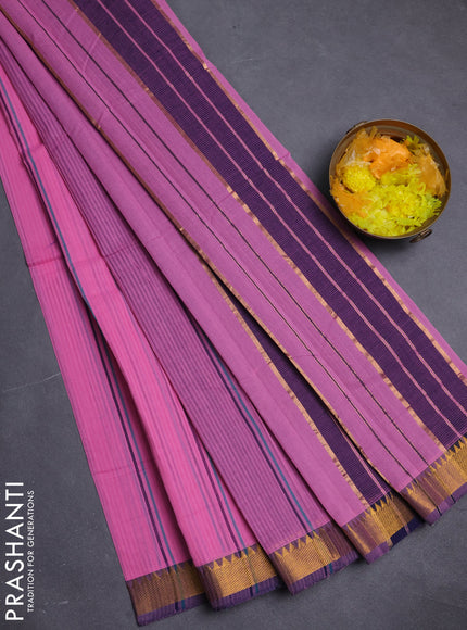 Mangalgiri cotton saree light pink and dark blue with allover stripe pattern and zari woven border