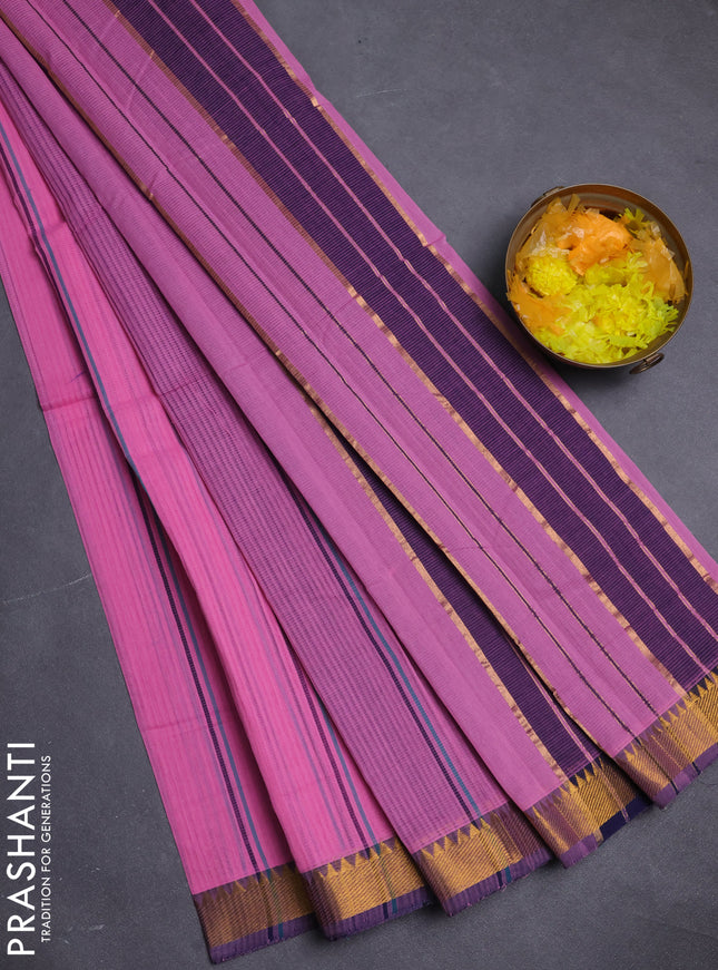 Mangalgiri cotton saree light pink and dark blue with allover stripe pattern and zari woven border