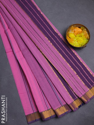 Mangalgiri cotton saree light pink and dark blue with allover stripe pattern and zari woven border