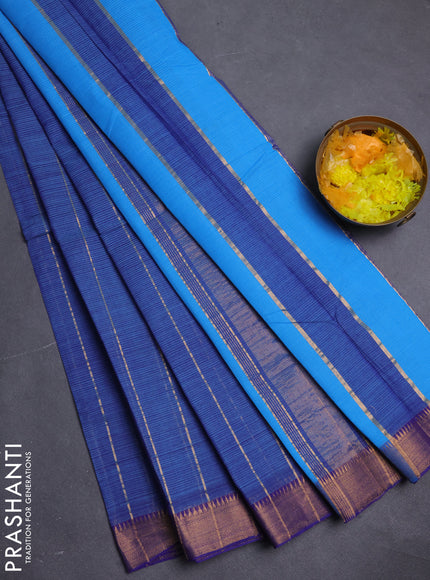 Mangalgiri cotton saree dual shade of blue and cs blue with allover zari stripe pattern and zari woven border