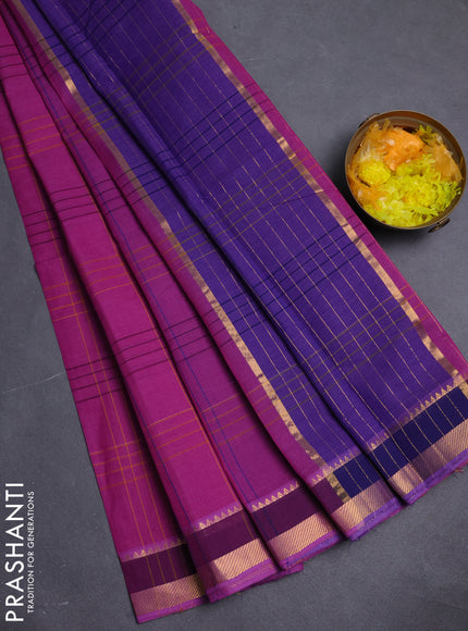 Mangalgiri cotton saree violet and blue with allover checked pattern and zari woven border