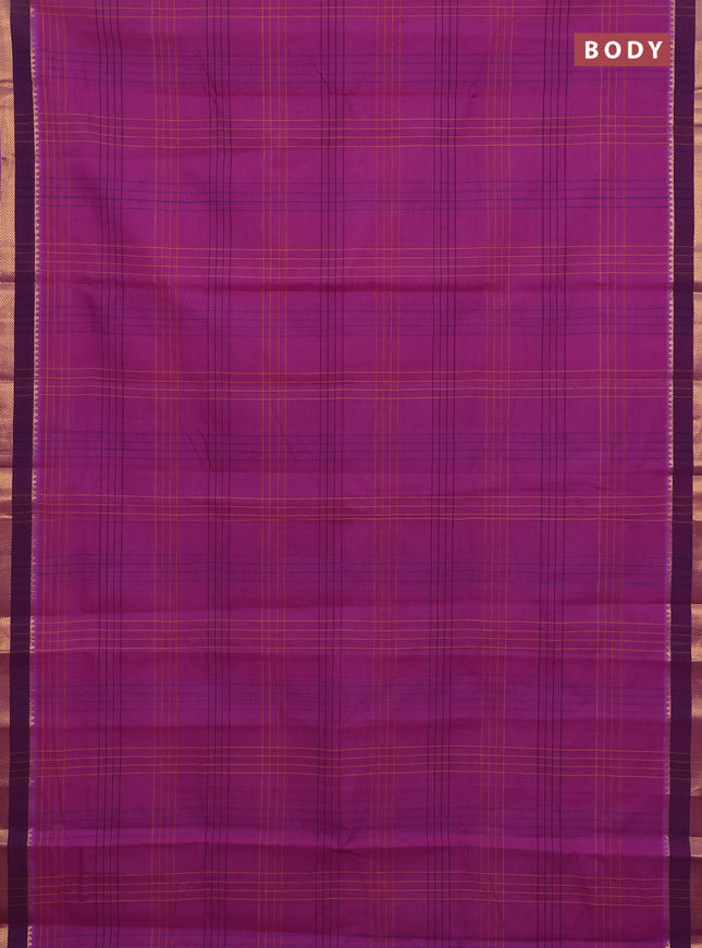 Mangalgiri cotton saree violet and blue with allover checked pattern and zari woven border