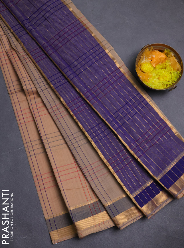Mangalgiri cotton saree sandal and blue with allover checked pattern and zari woven border