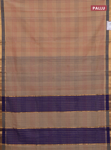 Mangalgiri cotton saree sandal and blue with allover checked pattern and zari woven border