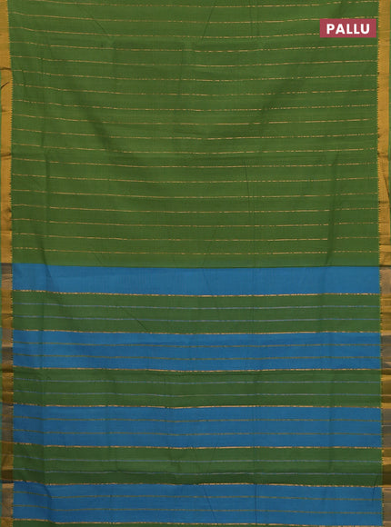 Mangalgiri cotton saree green and blue with allover zari stripe pattern and zari woven border
