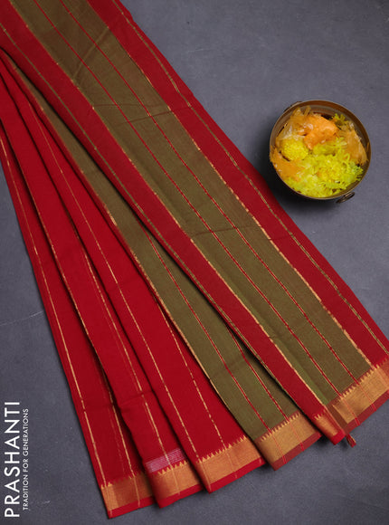 Mangalgiri cotton saree red and green with allover zari stripe pattern and zari woven border