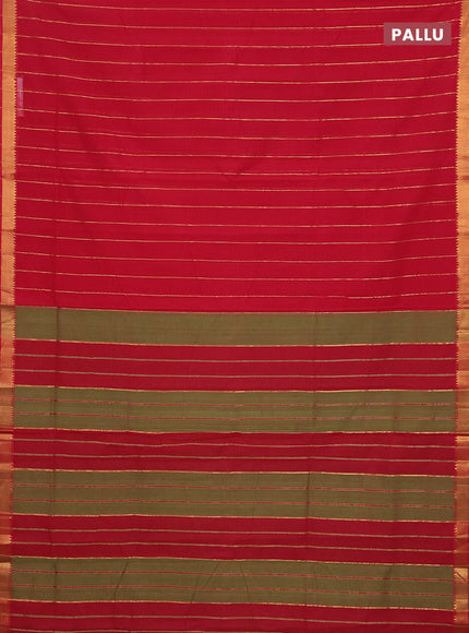 Mangalgiri cotton saree red and green with allover zari stripe pattern and zari woven border