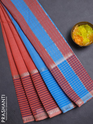 Mangalgiri cotton saree orange and teal blue with allover small checked pattern and long rettapet zari woven border