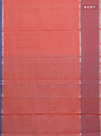 Mangalgiri cotton saree orange and teal blue with allover small checked pattern and long rettapet zari woven border