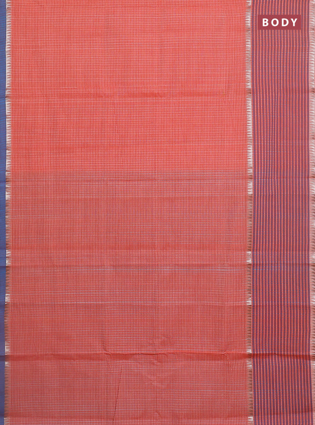 Mangalgiri cotton saree orange and teal blue with allover small checked pattern and long rettapet zari woven border